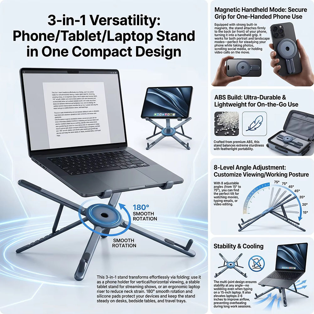 حامل هاتف مغناطيسي محمول وعصا  - مراجعة Laptop Ergonomic Accessories وسعره
